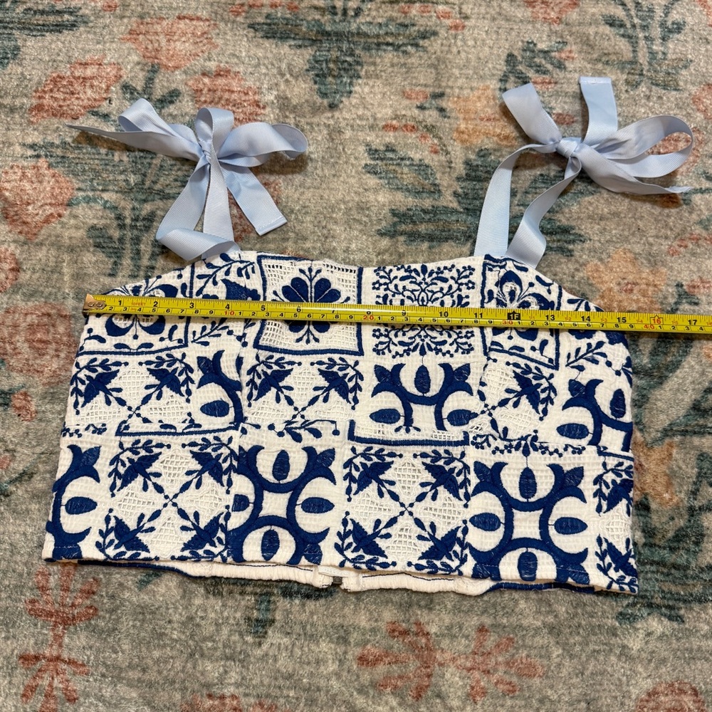 Anthropologie Maeve Blue and White Embroidered Tile Print Skirt & Crop Top Set - Picture 10 of 16